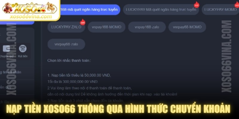 Nạp tiền XOSO66 thông qua hình thức chuyển khoản ngân hàng an toàn