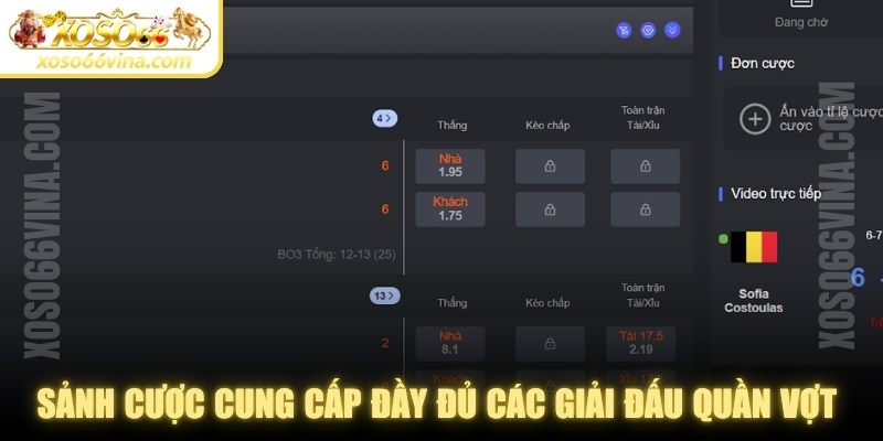 Sảnh cược cung cấp đầy đủ các giải đấu quần vợt đỉnh cao
